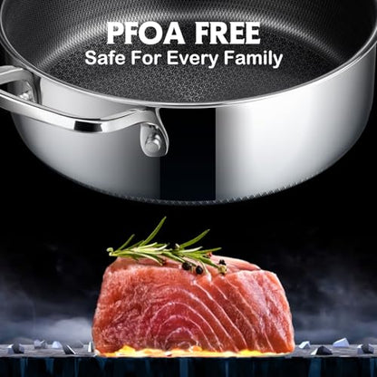 SNOWCLAD Frying Pans Nonstick with Lid,Hybrid Non Stick 5 Quart Saute pan,PFOA Free Cookware,Stainless Steel skillet,12 inch Deep Saute Pan,Dishwasher&Oven Safe,Works on All Cooktops