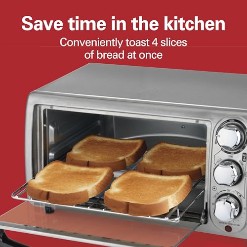 Hamilton Beach 4-Slice Toaster Oven with 5 Cooking Modes (Bake, Broil, Keep Warm Toast & Bagel) with Stay On & Auto Shutoff, 2 Rack Positions, 1100 Watts and 3 Accessories, Stainless Steel (31143)