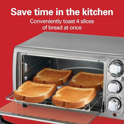 Hamilton Beach 4-Slice Toaster Oven with 5 Cooking Modes (Bake, Broil, Keep Warm Toast & Bagel) with Stay On & Auto Shutoff, 2 Rack Positions, 1100 Watts and 3 Accessories, Stainless Steel (31143)