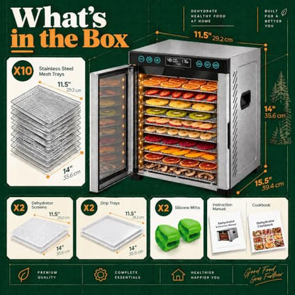 AOHGOA 10-Tray Food Dehydrator, Stainless Steel, Rear Fan, Digital Control