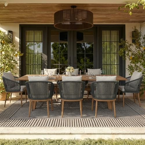 Vakollia 11-Piece Patio Dining Table Sets, Woven Wicker Dining Set with Rectangular Aluminum Table and Dining Chairs Modern Outdoor Dining Furniture Set for Outdoors and Indoors