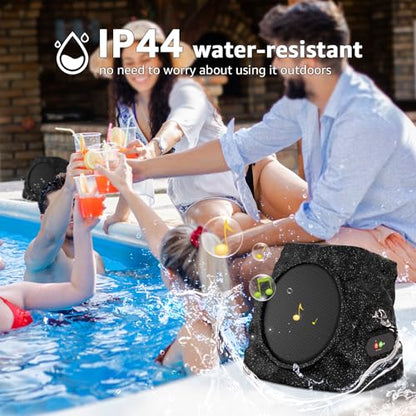 uuffoo 2-Pack Rock Speakers Outdoor Waterproof with RGB Color Lights Multi-Sync Up to 100 Speakers,Auto-Pairing,Solar-Powered and USB Charging for Patio Pool Party Yard Garden Outside