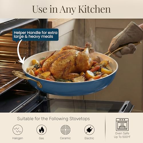 Gotham Steel 14 Inch Non Stick Frying Pans, Family Sized Non Stick Skillet, Large Frying Pan Nonstick Frying Pan, Induction Pan, Nonstick Pan for Cooking, Oven Safe Skillet, Dishwasher Safe–Cream Navy