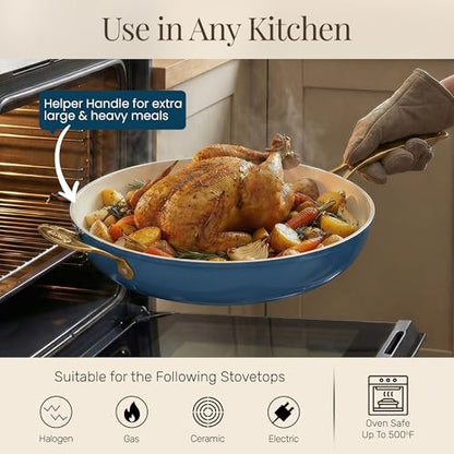 Gotham Steel 14 Inch Non Stick Frying Pans, Family Sized Non Stick Skillet, Large Frying Pan Nonstick Frying Pan, Induction Pan, Nonstick Pan for Cooking, Oven Safe Skillet, Dishwasher Safe–Cream Navy