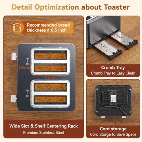 Mecity 4 Slice Touchscreen Toaster, 6 Bread Modes & 6 Browning Levels, Dual Touch Control Wide Slot Stainless Steel Electric Toaster with Memory, Defrost, 3-Min Auto Shutoff for White, Bagels, Waffles