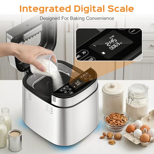 LCKSMAL 2.5LB Bread Maker with Built-in Electronic Scale, 25-in-1 Bread Machine, Beginner-Friendly with Adjustable Baking & Fermentation, Non-Stick Easy-Clean Pan, Quiet, 15H Delay, Recipes, White