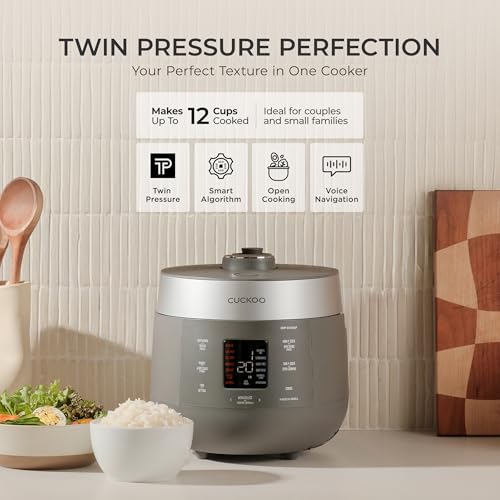 CUCKOO Twin Pressure Rice Cooker 6-Cup Uncooked / 12-Cup Cooked with Nonstick Inner Pot, Versatile Rice Maker & Warmer with 16 Menu Options, Open Cooking Mode, Voice Guide, Gray (CRP-ST0609FG)