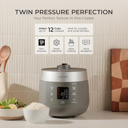 CUCKOO Twin Pressure Rice Cooker 6-Cup Uncooked / 12-Cup Cooked with Nonstick Inner Pot, Versatile Rice Maker & Warmer with 16 Menu Options, Open Cooking Mode, Voice Guide, Gray (CRP-ST0609FG)