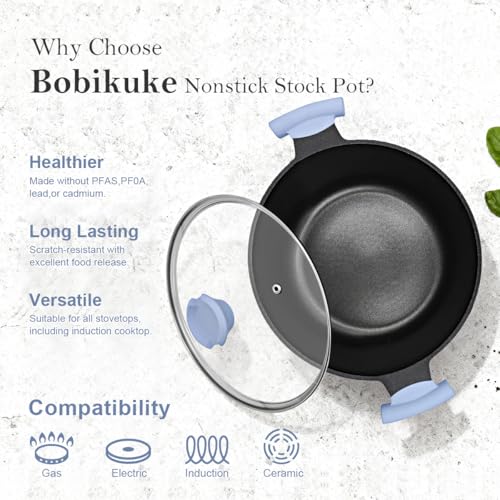 Bobikuke 5 Quart Stock Pot with Lid, Non Stick Cooking Pot, Soup Pot Nonstick with Stay-Cool Handle, Induction Cookware for Pasta,Soup, Suitable for All Stoves, PTFE & PFAS-Free, Blue