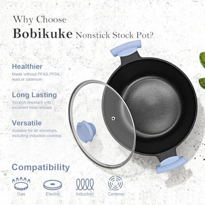 Bobikuke 5 Quart Stock Pot with Lid, Non Stick Cooking Pot, Soup Pot Nonstick with Stay-Cool Handle, Induction Cookware for Pasta,Soup, Suitable for All Stoves, PTFE & PFAS-Free, Blue