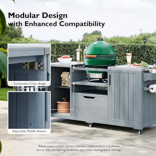 66.5" Outdoor Grill Cart with Storage, Movable Outdoor Kitchen Island with Stainless Steel Top & Wheels, Solid Wood BBQ Tables with Drawer/S-Hook/Bottle Opener for Outside Patio (Grey+Blue)