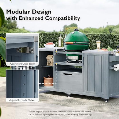 66.5" Outdoor Grill Cart with Storage, Movable Outdoor Kitchen Island with Stainless Steel Top & Wheels, Solid Wood BBQ Tables with Drawer/S-Hook/Bottle Opener for Outside Patio (Grey+Blue)