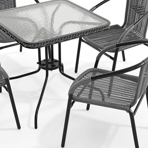 Flash Furniture 5-Piece 28" Square Indoor/Outdoor Patio Table and Chairs Set, Glass Metal Bistro Table and 4 Stacking Rattan Chairs, Gray