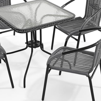 Flash Furniture 5-Piece 28" Square Indoor/Outdoor Patio Table and Chairs Set, Glass Metal Bistro Table and 4 Stacking Rattan Chairs, Gray