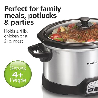 Hamilton Beach 4 Quart Programmable Slow Cooker with Flexible Easy Programming, 5 Cooking Times, Dishwasher-Safe Crock & Lid, Silver (33443)