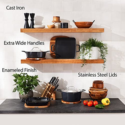 All-Clad Cast Iron Enameled Dutch Oven with Acacia Trivet 6 Quart Induction Oven Broiler Safe 650F Pots and Pans, Cookware Black