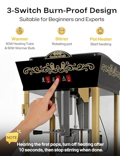 PopBria Popcorn Machine with Cart, 12oz Retro Popcorn Maker with Warming Deck, Movie Theater Style Popcorn Machine for Home Theater, Parties and Large Batches, Black and Gold