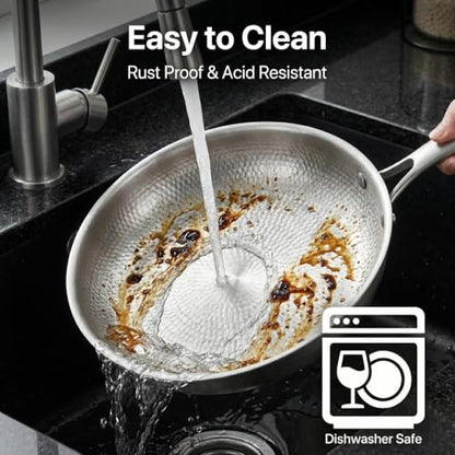 Pexucalm Titanium Frying Pan with Lid, 12" Uncoated Hammered Skillet for Cooking, PFAS/PFOA/PTFE Free Nonstick Cookware, Scratch Resistant, for Induction & Gas, Oven, Dishwasher Safe