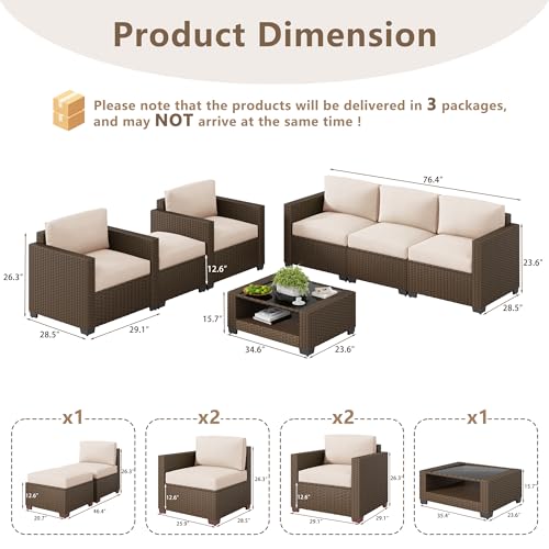 LOUVIXA 7 Piece Outdoor Patio Furniture Set, Rattan Chairs Glass Table Wicker Conversation Seating Sectional Sofa with Cushions (Brown-Beige, 7Pcs-2 Layer Coffee Table)