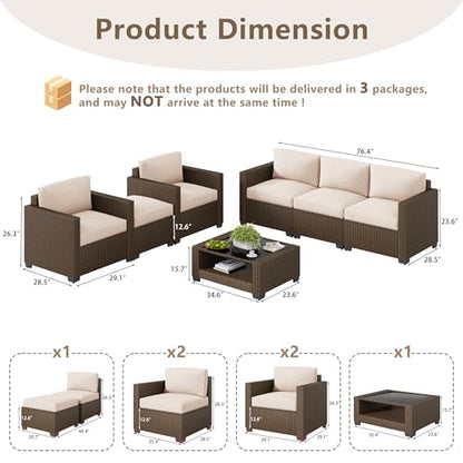 LOUVIXA 7 Piece Outdoor Patio Furniture Set, Rattan Chairs Glass Table Wicker Conversation Seating Sectional Sofa with Cushions (Brown-Beige, 7Pcs-2 Layer Coffee Table)