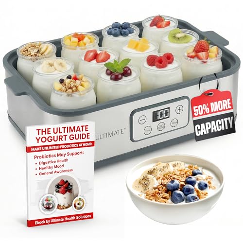 Ultimate Probiotic Yogurt Maker XL with 50% More Capacity, Adjustable Time & Temp Control, Make Trillions of Live Probiotics at Home to Support Gut Health, UNLIMITED LIFETIME WARRANTY (12-Jar Model)