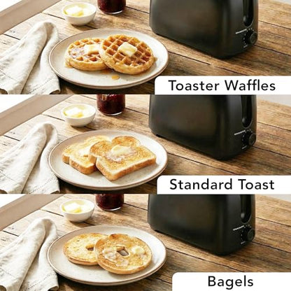 OVENTE Electric 2 Slice Toaster Machine with 6-Shade Browning Selector Setting, Compact Design and Removable Crumb Tray, 700W Power Perfect for Toasting Bread, Thin Bagels and Waffles, Black TP2210B
