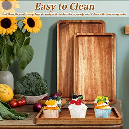 Qunclay 6 Pcs Acacia Wood Serving Trays Wooden Plates for Food 3 Sizes Rectangular Serving Platter Set Natural Wooden Boards Cheese Platters for Bar Coffee Home Party(13.4x7.9/11.8x7.1/9.8x5.9 In)