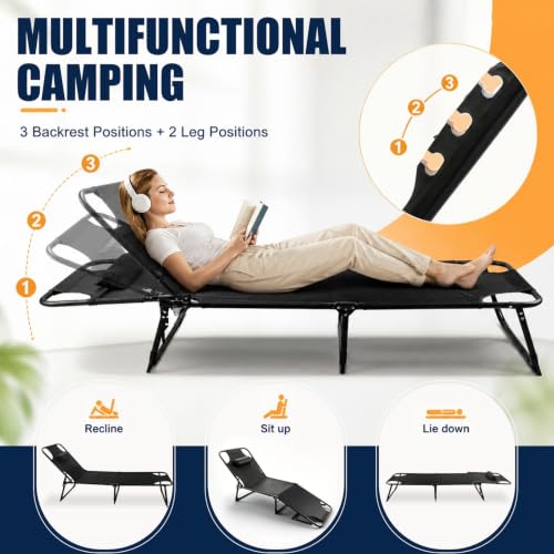 Foldable Camping Cot Reclining Lounge Chair with Pillow, 330 lbs Heavy Duty