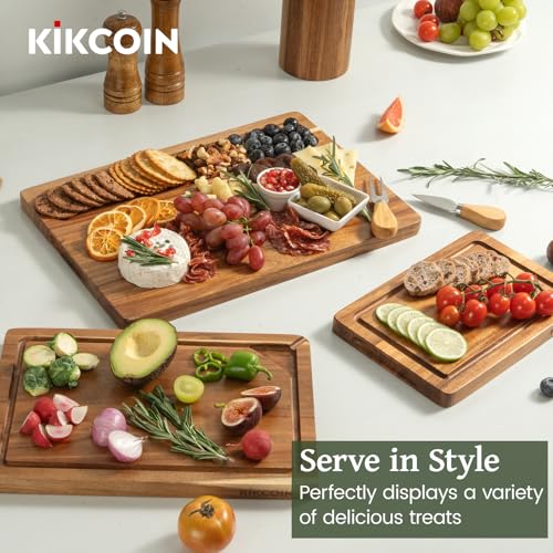 Acacia Wood Cutting Boards for Kitchen, Kikcoin 3 PCS Wooden Cutting Board Set with Holder, Chopping Board with Compartments and Juice Groove, Solid Charcuterie Boards Serving Tray Wood Butcher Block