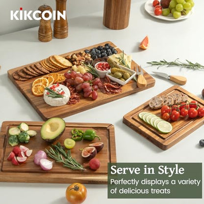 Acacia Wood Cutting Boards for Kitchen, Kikcoin 3 PCS Wooden Cutting Board Set with Holder, Chopping Board with Compartments and Juice Groove, Solid Charcuterie Boards Serving Tray Wood Butcher Block