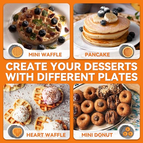 Baker's Friend 4 in 1 Mini Waffle Maker with Removable Plates, Set Includes Mini Pancake, Donut, Heart Shape Waffle Makers, Compact Size, Recipe Included, Red