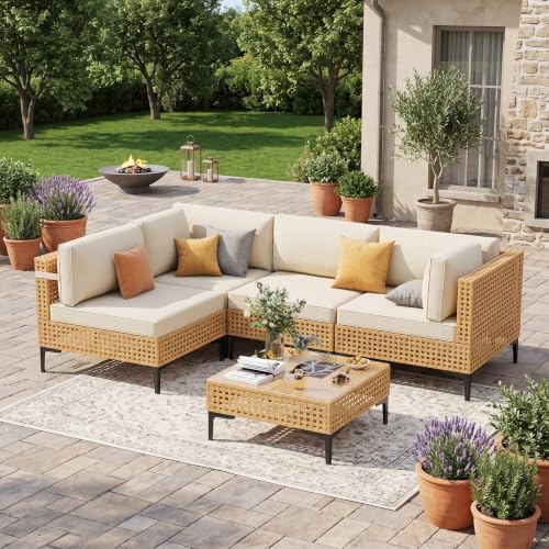 WELYAS Outdoor Sectional 5 Piece Modular Patio Furniture Set Free Combination Outdoor Couch with Thick Cushion All Weather Wicker Patio Conversation Sets for Backyard, Deck, Poolside