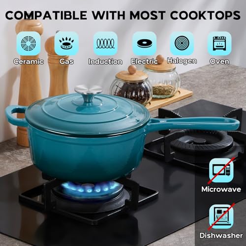 Onader 3QT Enameled Cast Iron Saucepan with Lid, Small Sauce Pan, Enamel Cast Iron Dutch Oven Cooking Pot, Nonstick & Heavy Duty – Dark Cyan