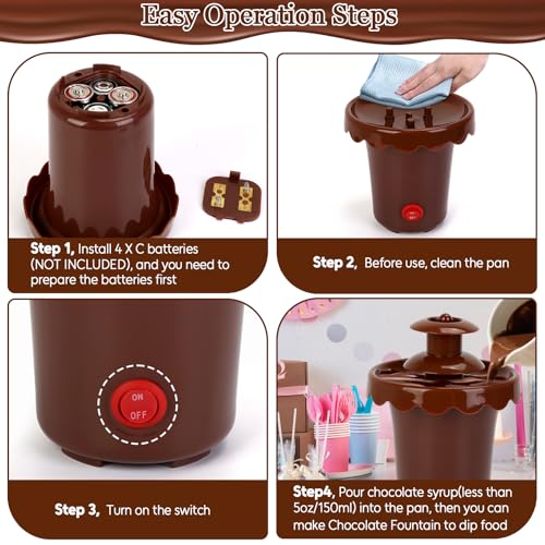 5-OZ Mini Chocolate Fountain with 10 Forks, 2-Tier Mini Chocolate Dipping Machine for Use Only with Chocolate Syrup, fit for Parties, Daily Use, Powered by 4 x C Batteries (Not Included)