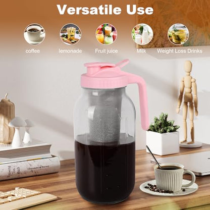 QHH Cold Brew Coffee Maker, 64 oz Mason Jar Pitcher with Stainless Steel Filter, Pour Spout Handle Lid, Heavy Duty Glass Airtight & Leak-Proof for Iced Coffee,Tea & Lemonade