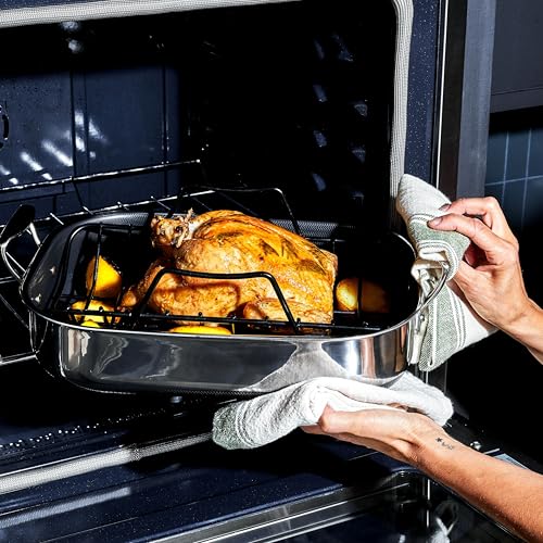 HexClad Hybrid 14 x 10 Inch Rectangular Nonstick Roasting Pan with Rack, Dishwasher-Friendly, Oven-Safe Up to 900°F, Compatible with All Cooktops