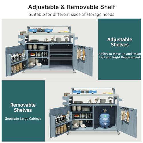 Karzibo 53.4" Farmhouse Outdoor Kitchen Island, Solid Wood Rolling Grill Cart with Stainless Steel Top, Raised Shelf, Internal Storage Rack, Adjustable Shelf & Spice Rack (Grey Blue)