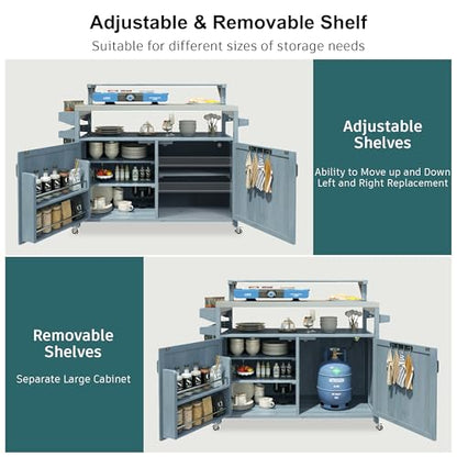 Karzibo 53.4" Farmhouse Outdoor Kitchen Island, Solid Wood Rolling Grill Cart with Stainless Steel Top, Raised Shelf, Internal Storage Rack, Adjustable Shelf & Spice Rack (Grey Blue)