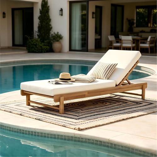 Christopher Knight Home Lara Outdoor Chaise Lounge with 4" Water-Resistant Cushion, Acacia Wood Recliner Chair Frame with Slatted Design, Patio Lounger with Adjustable Backrest, Light Teak+Cream