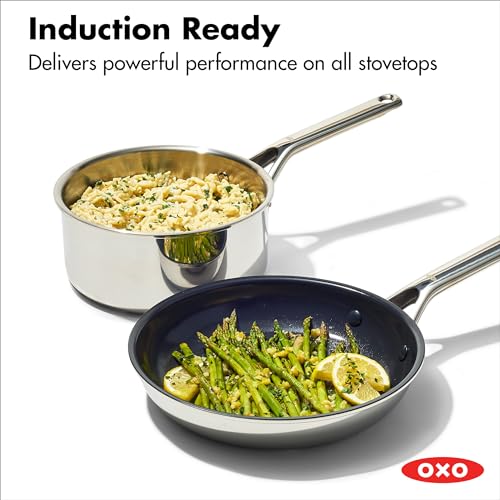 OXO 13 Piece Stainless Steel Cookware Set, Tri-Ply Multiclad Pots & Pans, PFAS-Free Ceramic Nonstick Coated Frying Pans, Induction Compatible, Dishwasher & Oven Safe, Sauce, Stock, Saute, Silver