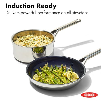 OXO 13 Piece Stainless Steel Cookware Set, Tri-Ply Multiclad Pots & Pans, PFAS-Free Ceramic Nonstick Coated Frying Pans, Induction Compatible, Dishwasher & Oven Safe, Sauce, Stock, Saute, Silver
