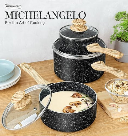 MICHELANGELO Saucepan Set, 3-Piece Nonstick Sauce Pans with Lids, 1QT, 2QT, 3QT, Black Granite Stone