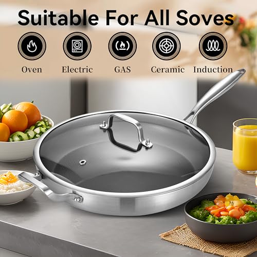 Bzayeat 13-Inch Nonstick Hybrid Frying Pan with Lid, Ceramic Coated Tri-Ply Stainless Steel Induction Chef's Pan, Large Skillet, PFOA Free, Oven & Dishwasher Safe for All Stoves, Detachable Handle
