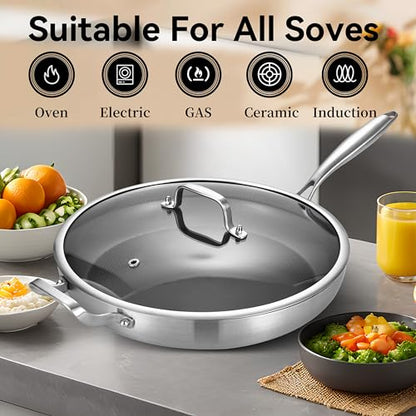 Bzayeat 13-Inch Nonstick Hybrid Frying Pan with Lid, Ceramic Coated Tri-Ply Stainless Steel Induction Chef's Pan, Large Skillet, PFOA Free, Oven & Dishwasher Safe for All Stoves, Detachable Handle
