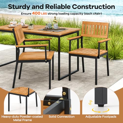 Tangkula 7 Piece Outdoor Dining Set for 6, Acacia Wood Rectangular Dining Table & 6 Armchairs w/Metal Frame, Umbrella Hole, Farmhouse Dining Furniture Set for Garden Porch Poolside Yard
