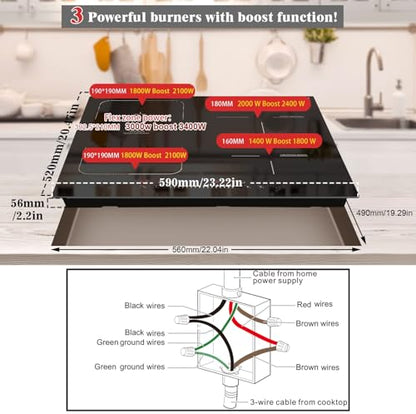 Karinear Induction Cooktop 4 Burner, 7400W 24'' Built-in Induction Stovetop with Flex Zone,Child Safety Lock, Timer, Boost, Slider Control Black Glass Electric Cooktop 240V Hard Wire(come with a pot)