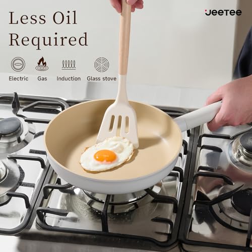 JEETEE Ceramic Cookware Set, 15 PCS Pots and Pans Set Non Stick with Removable Handles, Non Toxic Induction Kitchen Cookware Sets, Oven Safe PFAS/PFOA Free Cream