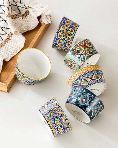Ramekins Oven Safe for Creme Brulee - Porcelain Pudding Custard Cups 6 oz - Small Serving Bowls for Souffle, Dipping Sauce, Ice Cream, Baking Ramiken Set of 6 - Bohemian Style