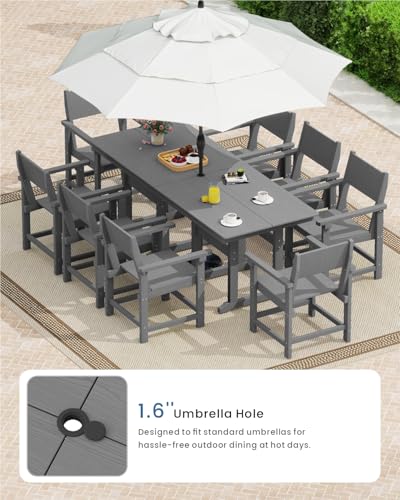 BIVODA 9-Piece Outdoor Dining Set, HDPE Weatherproof Patio Table and Chairs Set for 8, Outdoor Patio Furniture Sets with Umbrella Hole for Outside, Deck, Backyard, Garden (Grey)