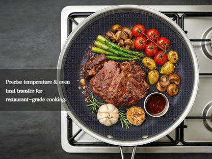 BRASA Nonstick Frying Pan 9.45-inch,Tri-Ply Stainless Steel Skillet,Honeycomb Ceramic Coating, Induction & All Cooktop Compatible,Dishwasher safe (PFOS, PFOA Free)(9.45 in+5.9 in trivet)